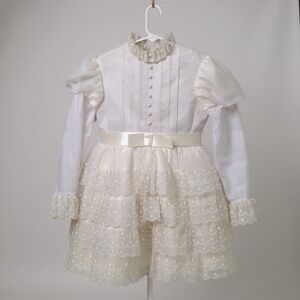 VTG 70s Dorissa of Miami White Lace Trimmed Formal Dress 8 Ruffle Collar Fairy